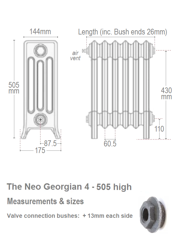 Neo Georgian 4-Column Cast Iron Radiator, 505 High, 26 Sections